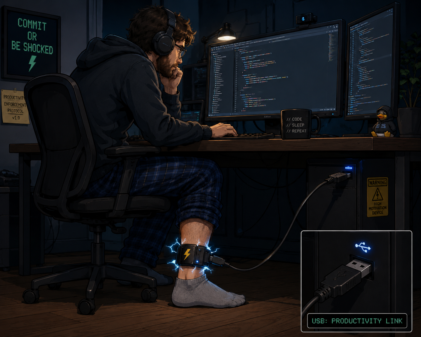 The Code Shackle (tm) attached to a developer in action